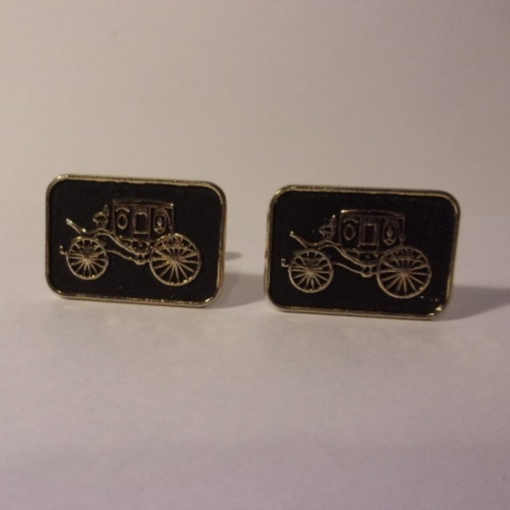 "Vtg Black Gold Tone Carriage Cuff Links "